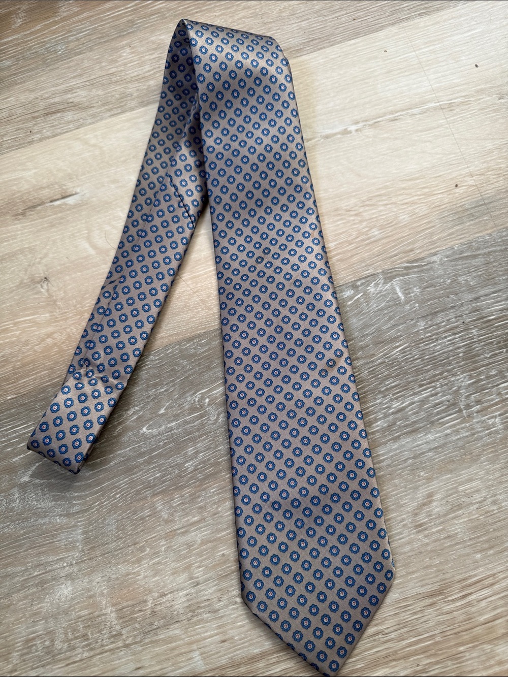 Etienne Aigner Beige Tie with Blue Medallion Pattern